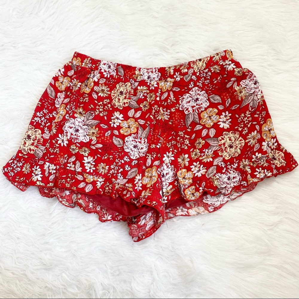 Red Floral Print Shorts